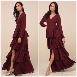 Lulus Small Marvelous Grace Plum Long Sleeve Tiered Wrap Maxi Dress NWT *FLAW*
